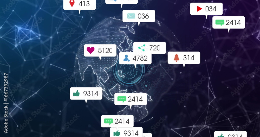 Naklejka premium Floating 3D globe displaying nodes and lines in cyberspace, with fingerprint and notification icons