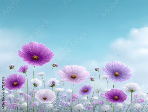 a field of wildflowers in a wide range of vibrant, saturated colors under a bright sunny sky