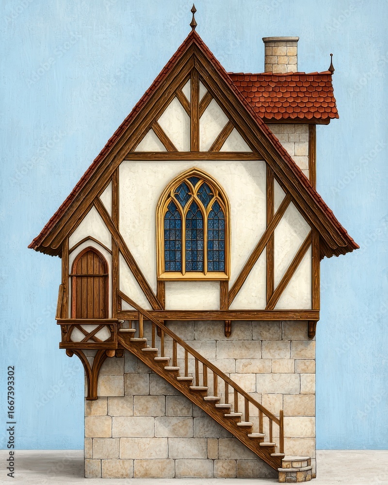 Obraz premium Medieval Style Timber Framed House Illustration with Stone Foundation and External Staircase