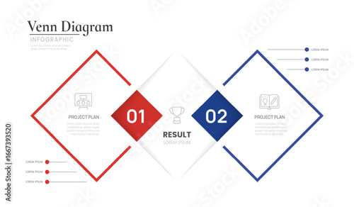 Venn diagram infographic business square chart template two options with icons vector illustration.