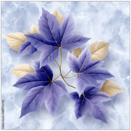 golden leaves falling in a forest rendered in cool, muted shades of blue and grey