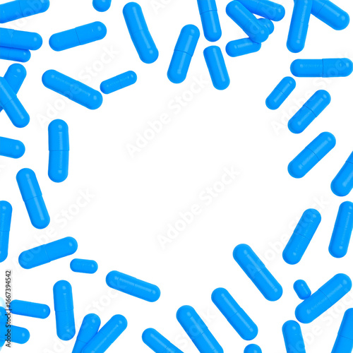 Blue capsules arranged to frame text, on black, in a medical setting. For ads or health-related purposes