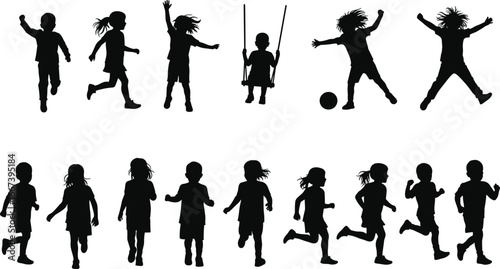Silhouettes of children playing, running, swinging, jumping, happy kids outdoors, active childhood, diverse children having fun, energetic kids, joyful moments, playful activities