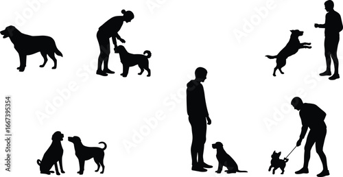Silhouettes of people training dogs, dog walking, pet care, dog obedience training, pet owner and dog interaction, outdoor dog activities, dog leash, dog playtime, dog sitting, 