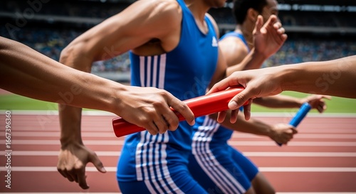Athletes Competing in a Relay Race on a Track.