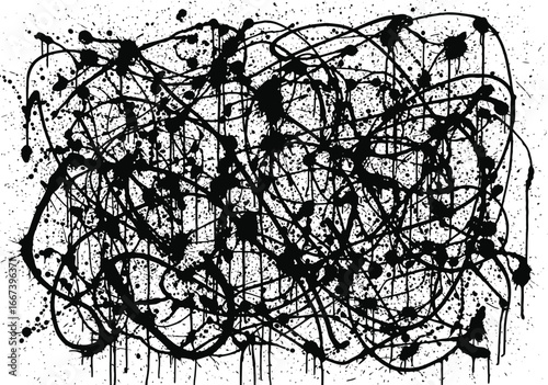 Abstract expressionist painting featuring a chaotic yet dynamic splatter and drip technique in black ink on a white background