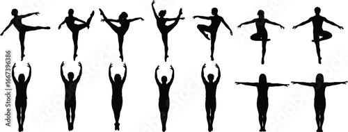Silhouettes of dancers performing ballet, gymnastics, yoga, jumping poses, fitness movement, artistic performance, balance exercise, body motion, choreography, flexibility