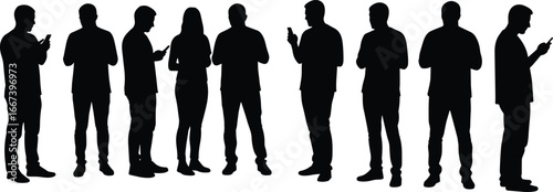 Silhouettes of men and women using smartphones, mobile technology, digital lifestyle, texting, communication, social media, internet connection, modern devices