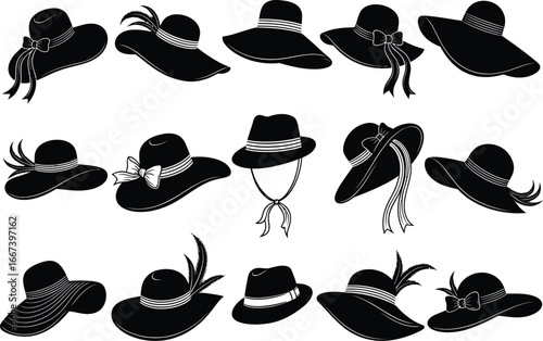 Collection of elegant vintage wide brimmed hats with decorative elements like feathers and ribbons for women