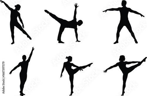 Silhouettes of dancers and gymnasts performing elegant poses, fitness, balance, yoga, acrobatics, flexibility, body movement, sport, stretching, training, performance