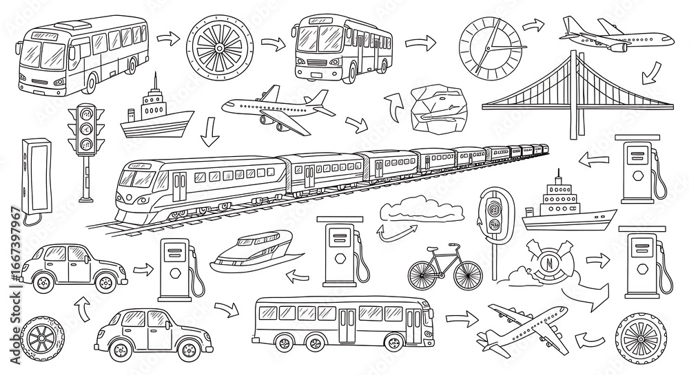 Transportation vehicles seamless pattern, bus, train, car, ship, airplane, bike, fuel station, Transportation vehicles seamless pattern, bus, train, car, ship, airplane, bike, fuel station,