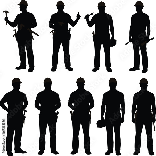 Silhouette of construction workers with tools, builders teamwork, labor men, engineering, handyman, helmet safety, industrial workforce, repair, contractor outline, industry