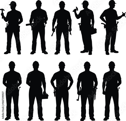 Silhouette of construction workers holding tools, industrial labor men, builder silhouettes, contractor outline, handyman repair, teamwork, helmet safety, workforce, industry