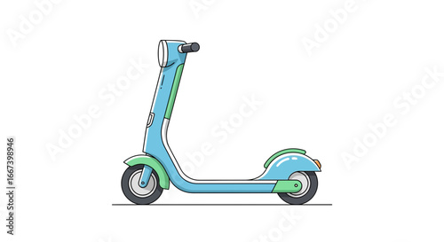 Whimsical illustration of an aqua and mint electric scooter on white background