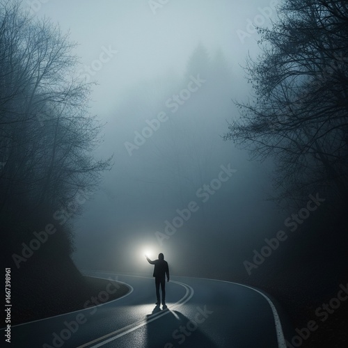 man walking in fog