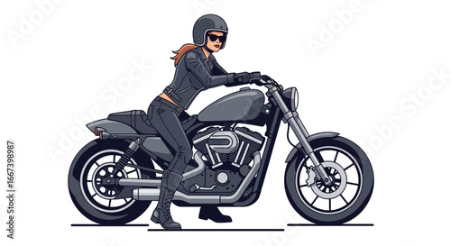 Captivating illustration of a confident female motorcyclist riding a stylish bike