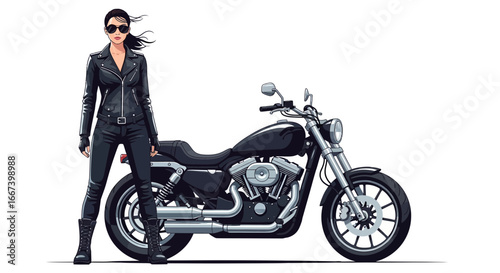 Bold female biker standing beside a classic motorcycle, ready to ride