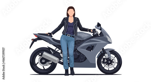 Confident Woman Standing Next to a Sport Motorcycle in Leather Jacket