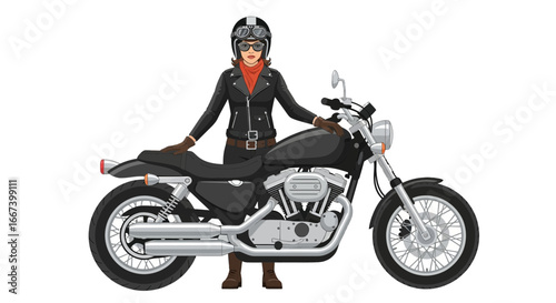 Confident woman with motorcycle, classic style, enjoying the ride, journey ahead