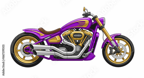 Illustrated Purple and Gold Chopper Motorcycle on White Isolated Backdrop