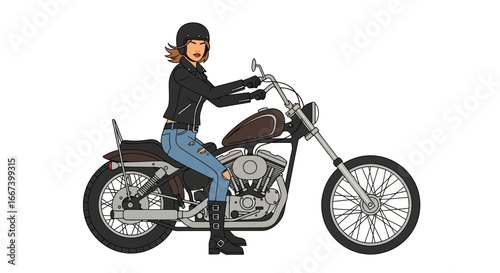 Illustration depicts a young woman riding a vintage chopper motorcycle