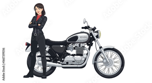 Illustration of a confident woman biker with her vintage motorcycle posing