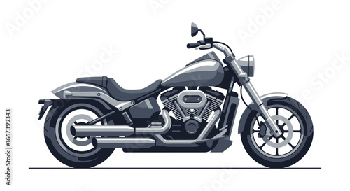 Illustration of a stylish cruiser motorcycle in grey tones on white