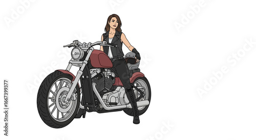 Illustration of a stylish woman on a vintage-style motorcycle ready to ride