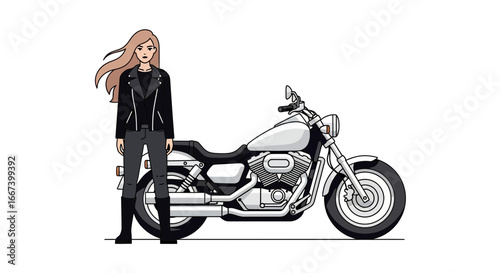 Illustration of a stylish woman with blonde hair next to a motorcycle
