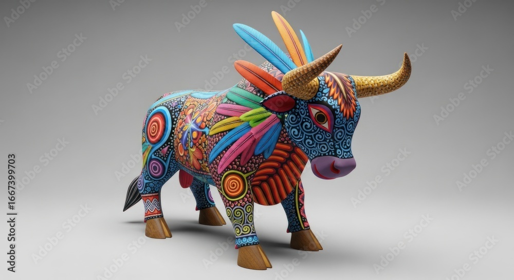 Obraz premium Vibrant, Ornate Wooden Bull Figurine with Intricate Painted Details