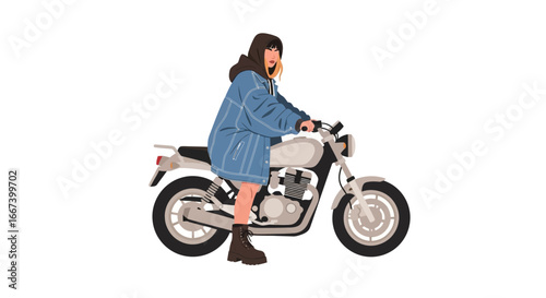 Stylish woman in denim jacket on a motorcycle for urban adventure