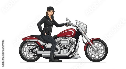 Stylish woman in leather outfit sits on her red custom motorcycle