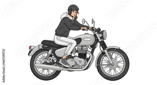 Stylish woman rides a classic motorcycle wearing helmet and casual clothes