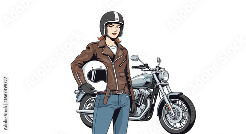 Stylish woman posing with a classic motorcycle, sporting a retro look