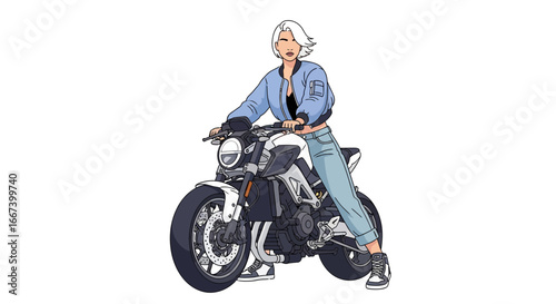 Stylish woman rides modern motorcycle with casual flair and confidence