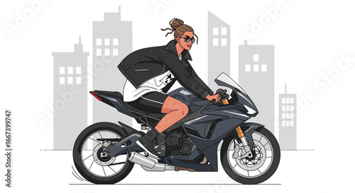 Stylish woman rides motorcycle with city backdrop on white background