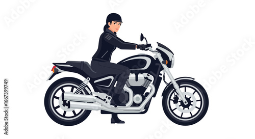 Stylish woman riding a cruiser motorcycle on a white background