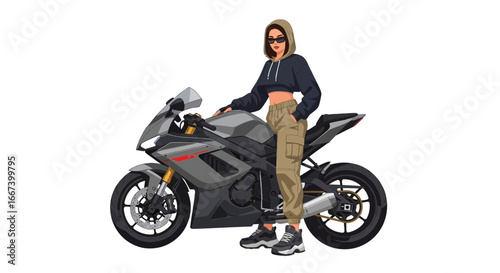 Stylish woman with sunglasses leaning on motorcycle on a white backdrop