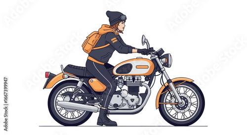 Trendy Woman on a Vintage Motorcycle, Embarking on an Urban Adventure