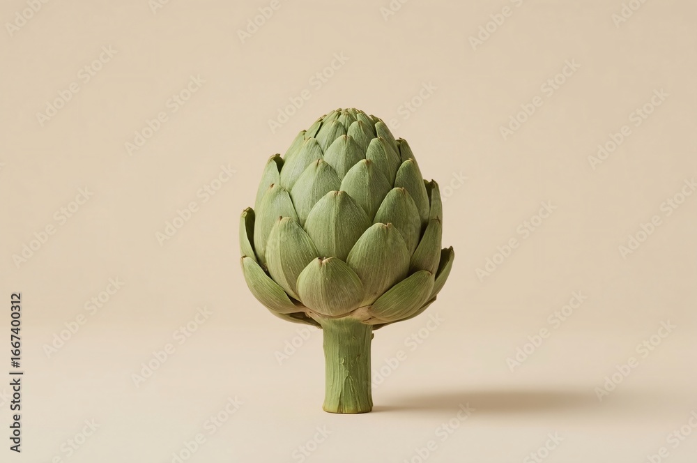 Fototapeta premium Single artichoke studio shot, beige background, food photography