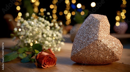 Romantic Red Heart with Rose and Glitter Lights Valentine’s Day Love Background in Cinematic Style