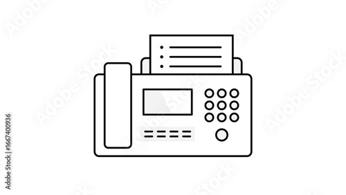 Fax machine with telephone handset clip art. Monochrome outline icon.
