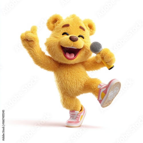 Cheerful, yellow cartoon bear sings into a microphone while dancing happily
