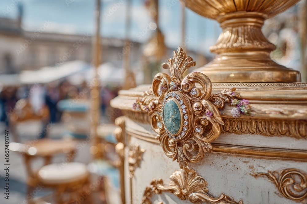 Fototapeta premium Ornate Detail of a Golden Decorative Element with Gemstone in a Vibrant Outdoor Setting, Showcasing Artisan Craftsmanship and Elegance in a Festive Atmosphere