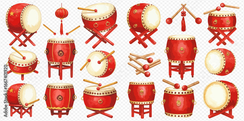Collection of red Chinese drums, various angles and with mallets, displayed on stands.