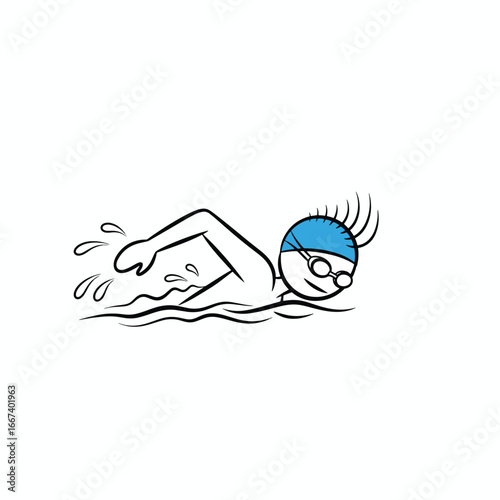 A stick figure swimmer gracefully glides through the water, executing a freestyle stroke.