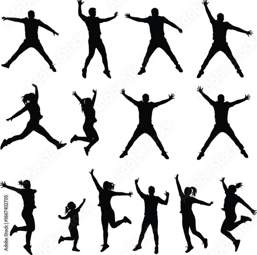 Silhouette people jumping, happiness, freedom, active lifestyle, group energy, dance movement, fun activity, youth joy, celebration, cheerful crowd, dynamic motion, vitality