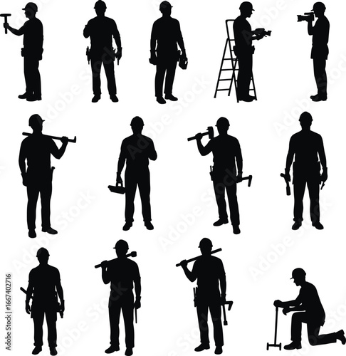 Silhouette construction workers, industrial labor, builders with tools, hard hats, teamwork, skilled trades, engineering workforce, repair professionals, maintenance staff, job site