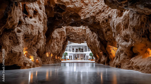 Underground Mars base tunnel system carved into rock artificial lighting creating warm inhabited spaces colonists walking in background architectural detail