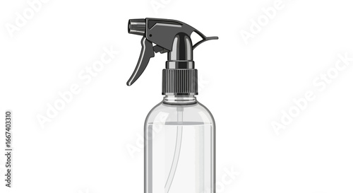 A gray spray bottle with liquid inside for cleaning on a plain background